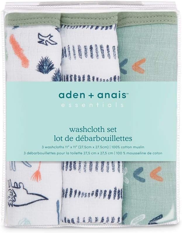 Aden + Anais Scrub Cotton Muslin Set of Three Washcloths dinotime